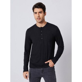 Men Half Button Pocket Patched Tee