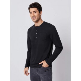 Men Half Button Pocket Patched Tee