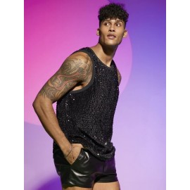 Men Contrast Binding Sequin Tank Top