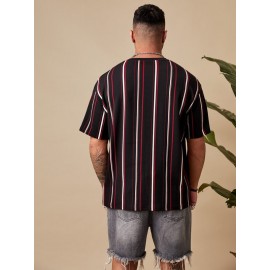 Extended Sizes Men Block Striped & Letter Graphic Tee