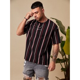 Extended Sizes Men Block Striped & Letter Graphic Tee