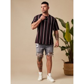 Extended Sizes Men Block Striped & Letter Graphic Tee