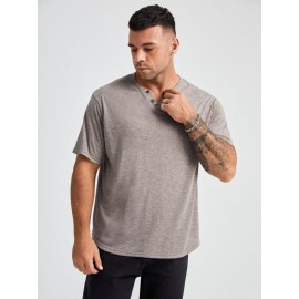 Extended Sizes Men Button Detail Notched Neck Tee