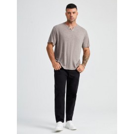 Extended Sizes Men Button Detail Notched Neck Tee