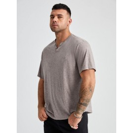 Extended Sizes Men Button Detail Notched Neck Tee