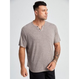 Extended Sizes Men Button Detail Notched Neck Tee