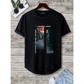 Men Slogan & Picture Print High Low Hem Tee