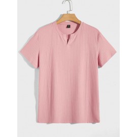 Men Notched Neck Ribbed Knit Tee