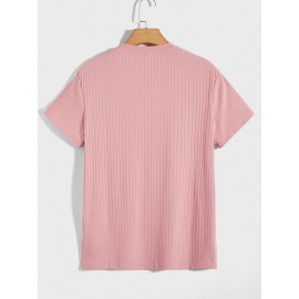 Men Notched Neck Ribbed Knit Tee
