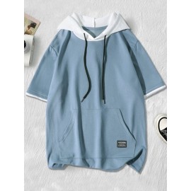 Men Patched Detail Drawstring Hooded Tee