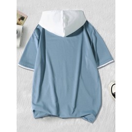 Men Patched Detail Drawstring Hooded Tee